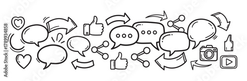 Hand drawn social media icons set for communication. Doodle collection of like, share, comment, and heart symbols for online engagement and digital marketing concepts