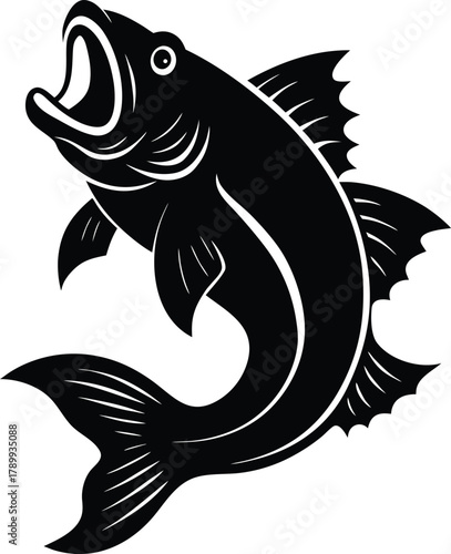 Dynamic Black and White Leaping Fish with Open Mouth Vector Illustration