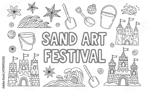 Sand art festival collection with hand drawn doodle elements. Set of summer beach items including sandcastle, shovel, bucket, and starfish for coloring pages or creative projects