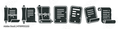 Set of ancient scroll and parchment icons in a simple glyph style. Collection of historical manuscript and old paper symbols for documents, law or education concepts