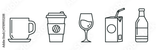 Drink and beverage icon set in a minimal line art style. Collection of linear symbols including coffee, wine, juice, and beer for cafe menu or restaurant branding