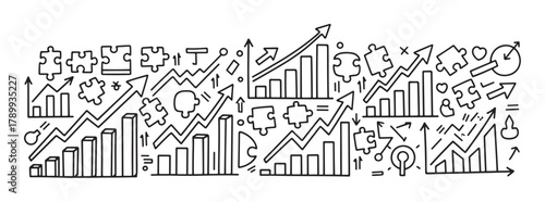 Business strategy and financial growth concept with hand drawn doodle icons in a banner format. Bar charts, puzzle pieces, and arrows symbolizing development, solutions, and success