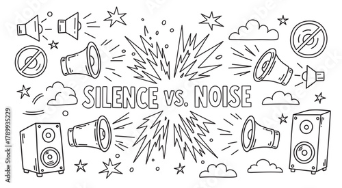 Hand drawn doodle set illustrating the concept of silence versus noise. Monochrome sketch with megaphones, speakers, and quiet signs for sound pollution or communication