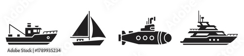 Set of water transport icons featuring a fishing boat, sailboat, submarine, and yacht. Minimalist black silhouette collection for maritime and travel design concepts
