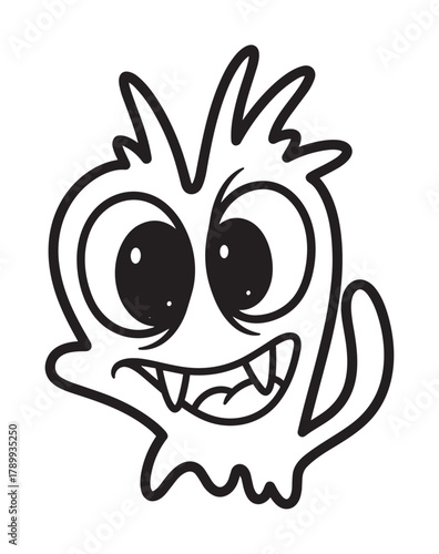 Cute and mischievous monster character in a simple doodle style. Black and white line art drawing of a funny creature with big eyes and fangs for halloween or kids designs