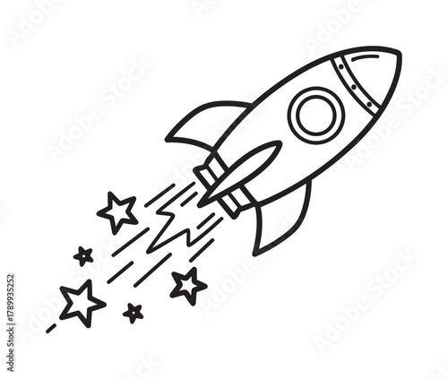 Rocket ship launch icon in a simple line art style. Spaceship flying through stars representing a business startup concept or cosmic exploration project
