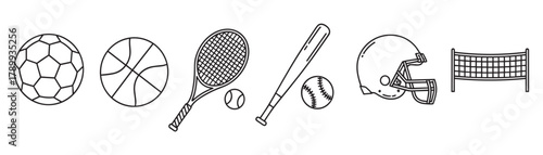 Sports equipment icon set in a simple line art style. Collection of balls, racket, bat, helmet, and net for soccer, basketball, tennis, baseball, and football design elements