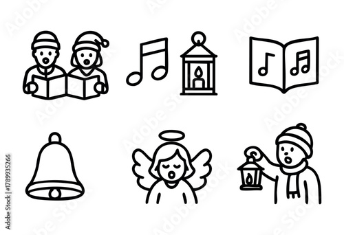 A set of eight line art icons depicting various Christmas and winter holiday themes, including carolers, musical notes, a lantern, a hymn book, a bell, an ange.