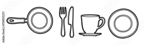 Kitchenware and dining utensils icon set for restaurant menus or food blogs. Hand drawn collection of a frying pan, fork, knife, coffee cup, and plate for breakfast concepts