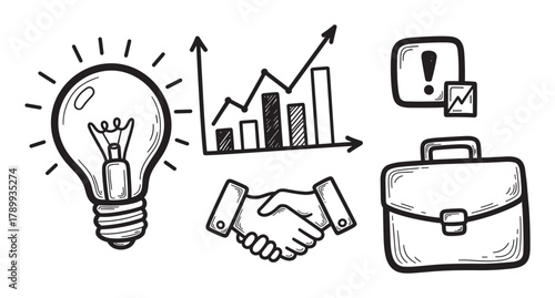 Hand drawn business icon set for marketing and finance concepts. Doodle collection with lightbulb, growth chart, handshake and briefcase for startup strategy and corporate ideas
