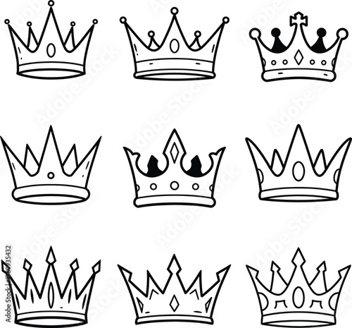 Hand drawn doodle style crown icons royalty art