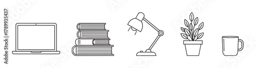 Workplace and study icon set with a simple outline design. Minimalist collection of office items including a laptop, books, lamp, plant, and mug for web interface