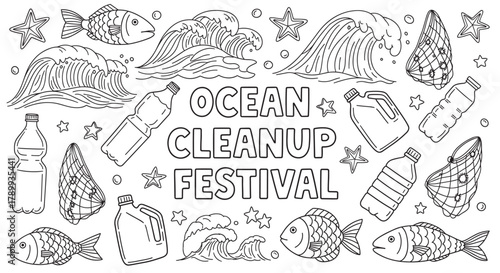 Hand drawn doodle set for an ocean cleanup festival promoting environmental awareness. Line art collection of plastic pollution like bottles and nets with marine life