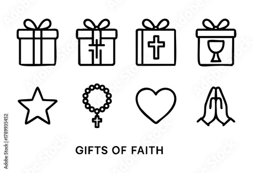 Set of eight line art icons representing gifts of faith: present, cross, bible, chalice, star, rosary, heart, and praying hands. Perfect for religious or spiritual themes.