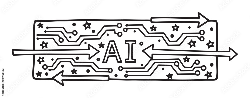 Obraz premium Hand drawn artificial intelligence concept with a circuit board design. Creative doodle of data processing, machine learning and futuristic technology. Monochrome sketch for innovation
