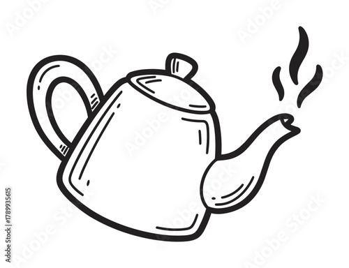 Hand drawn teapot icon in a simple doodle style. Isolated kitchenware element for cafe menus or beverage branding. Minimalist black and white graphic for hot drinks