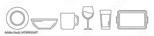 Minimalist line art collection of tableware and kitchen utensils. This icon set features a plate, bowl, cup, wine glass, drinking glass and a rectangular tray