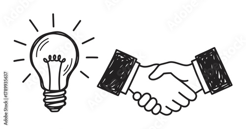 Hand drawn light bulb and handshake icon representing a business idea and agreement. Conceptual doodle for partnership, innovation, collaboration, and creative solutions