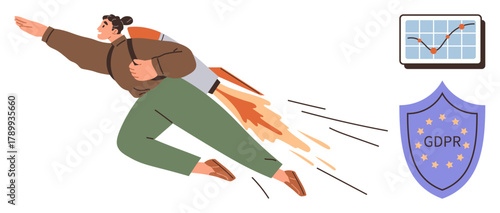 Person using a jetpack symbolizing business acceleration, chart highlighting data analytics, shield representing GDPR compliance. Ideal for innovation, success, growth, strategy, technology