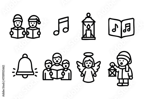 A set of eight line art icons depicting traditional Christmas themes: carolers, musical notes, a lantern, a hymn book, a bell, an angel, and children carrying lanterns. 