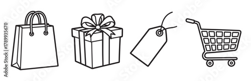 Minimalist shopping icon collection for e-commerce. Line art symbols of a retail bag, present box, price label, and a shopping cart. Simple graphic elements for web and app ui