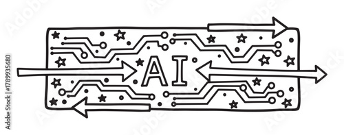 Hand drawn artificial intelligence concept with a circuit board design. Creative doodle of data processing, machine learning and futuristic technology. Monochrome sketch for innovation
