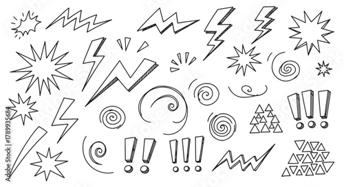 Hand drawn doodle set of comic expression elements. Sketchy collection of lightning bolts, explosions, and exclamation marks for cartoon design and emphasis effects