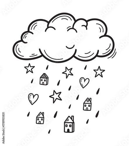 Whimsical hand drawn cloud raining with cute houses stars and hearts. A charming doodle for nursery art or creative design projects. Black and white line art isolated element