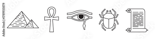 Ancient egypt icon set with traditional cultural symbols. Collection includes pyramid, ankh, eye of horus, scarab beetle and papyrus scroll. Minimalist line art elements for history