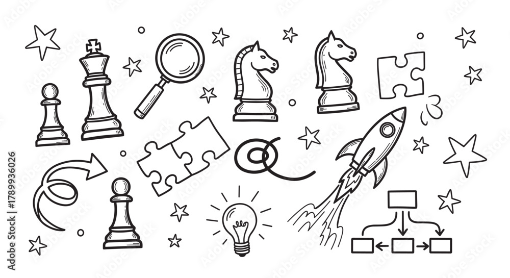 Obraz premium Set of hand drawn business icons representing strategy, planning, and creative ideas. Doodle elements like chess, rocket ship, puzzle, and lightbulb for startup and growth concepts