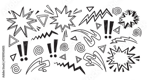 Dynamic hand drawn doodle elements for creative projects. Includes comic style speech bubbles, zigzag lines, and swirl shapes. Expressive set of cartoon symbols