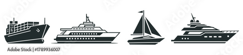 Set of ship and boat icons for transportation and travel concepts. A collection of watercraft silhouettes including a cargo ship, luxury yachts, and sailboat for maritime design