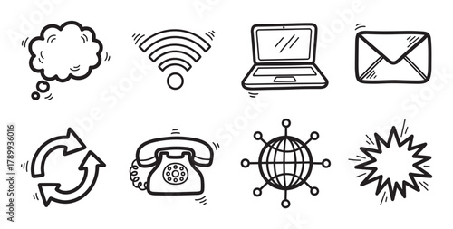 Hand drawn communication and technology icon set in a doodle style. Collection includes laptop, wifi, email, network and telephone symbols for business contact concepts