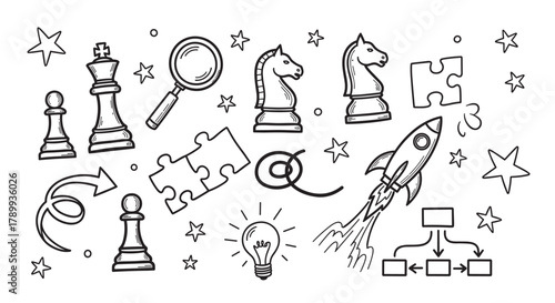 Set of hand drawn business icons representing strategy, planning, and creative ideas. Doodle elements like chess, rocket ship, puzzle, and lightbulb for startup and growth concepts