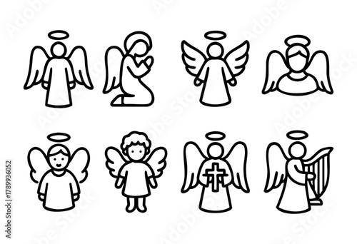 Set of eight line art angel icons. Angels are depicted in various poses, including standing, praying, and playing a harp. Simple, black outline style on a white background.