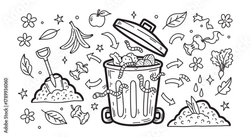 Hand drawn doodle collection illustrating the composting process. Organic food waste with earthworms in a bin turning into rich soil for sustainable gardening and zero waste living