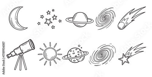 Hand drawn collection of space and astronomy icons in a simple doodle style. Includes moon, sun, planets, stars, galaxy, comet, and a telescope for educational purposes