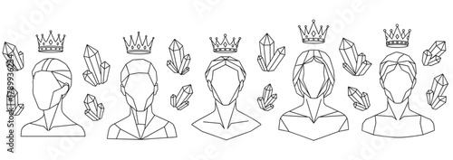 Abstract geometric line art of faceless human figures with royal crowns and crystals. A minimalist icon set for concepts of power, magic, royalty, and spirituality
