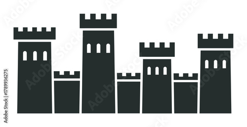 Minimalist castle silhouette with towers and battlements. Ancient fortress or citadel graphic representing history, security, and fantasy themes for logo or web design