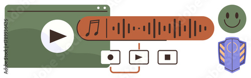 Media player window with play button, audio waveform, playback controls, music note, shield, and happy. Ideal for audio editing, music production, streaming content creation user interface