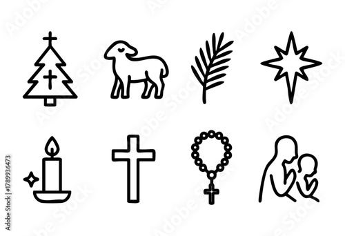 Set of eight hand-drawn line icons representing key religious symbols: Christmas tree, lamb, palm branch, star, candle, cross, rosary, and mother with child. Perfect for religious or holiday designs.