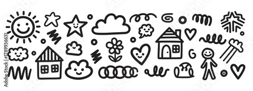 A set of cute hand drawn doodle icons featuring a smiling sun, house, and heart. Childish naive art style for creative projects and children's design elements