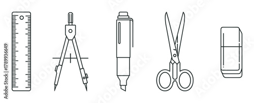Set of school and office supply line icons for creative projects. Ruler, drawing compass, marker, scissors and eraser for education, learning and back to school concepts
