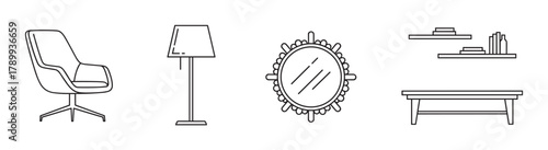 Modern furniture and home decor icon collection in a thin line style. Outline symbols of an armchair, floor lamp, mirror, and bench for interior design or catalog concepts