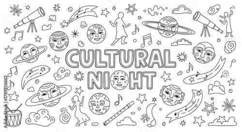 Whimsical doodle collection for a cultural night festival or event. Hand drawn outline elements of planets, music, and dance for a creative banner or coloring book page