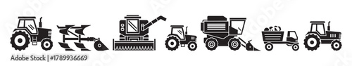 Agricultural machinery icon set for farming industry design. A collection of black silhouette tractors, combine harvesters, plows and farm trucks for cultivation work