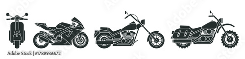Motorcycle icon set with various types of bikes. Collection of scooter, sportbike, chopper, touring and motocross vehicle silhouettes for graphic design elements