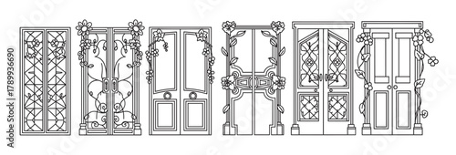 Collection of vintage doors with floral decorations in a line art style. Art nouveau architectural elements for exterior or interior design concepts isolated on white