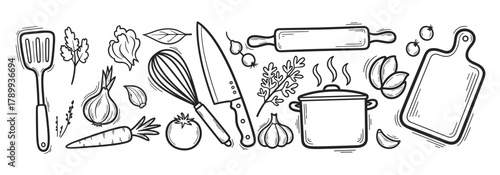 Hand drawn collection of kitchen utensils and fresh vegetables for cooking. Doodle style banner with food ingredients and cookware elements for a restaurant menu or recipe book