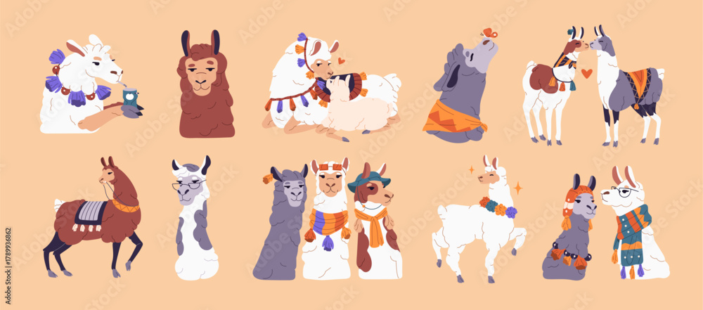 Naklejka premium Set of cute alpacas. Llamas with happy muzzles, fashion clothes and scarves. Adorable mother and baby lama kiss and love. Funny animals characters of Peru. Flat isolated vector illustrations